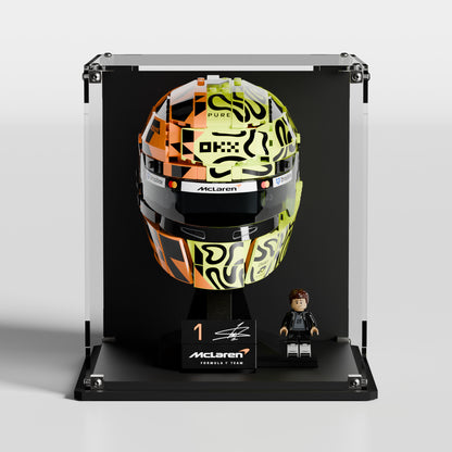 Premium UV-protected LEGO display box for Lando Norris Helmet 43023 with glossy black background — EU-made