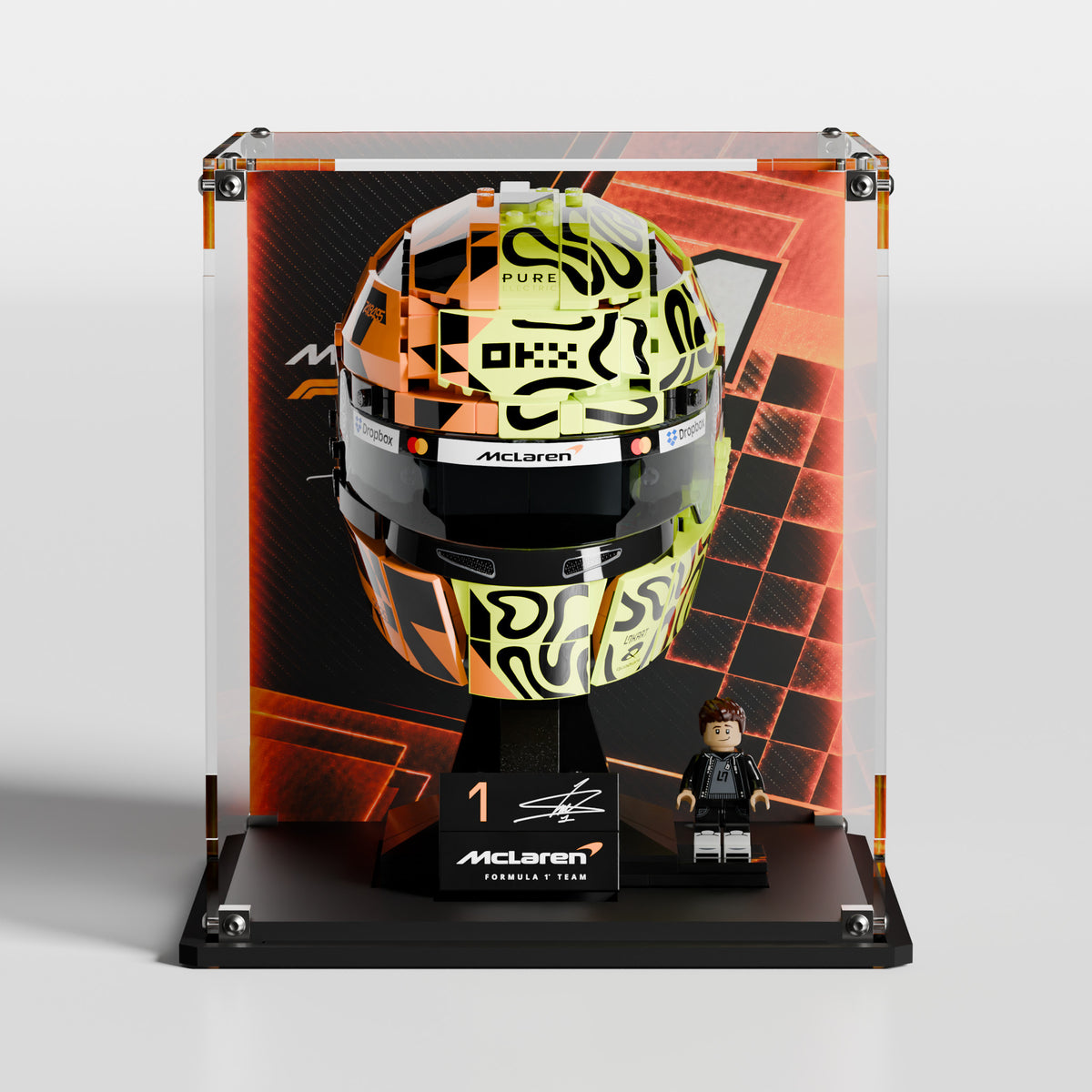 LEGO Editions McLaren Mastercard F1 Team Lando Norris Helmet (43023) in premium UV-protected acrylic display case — EU-made