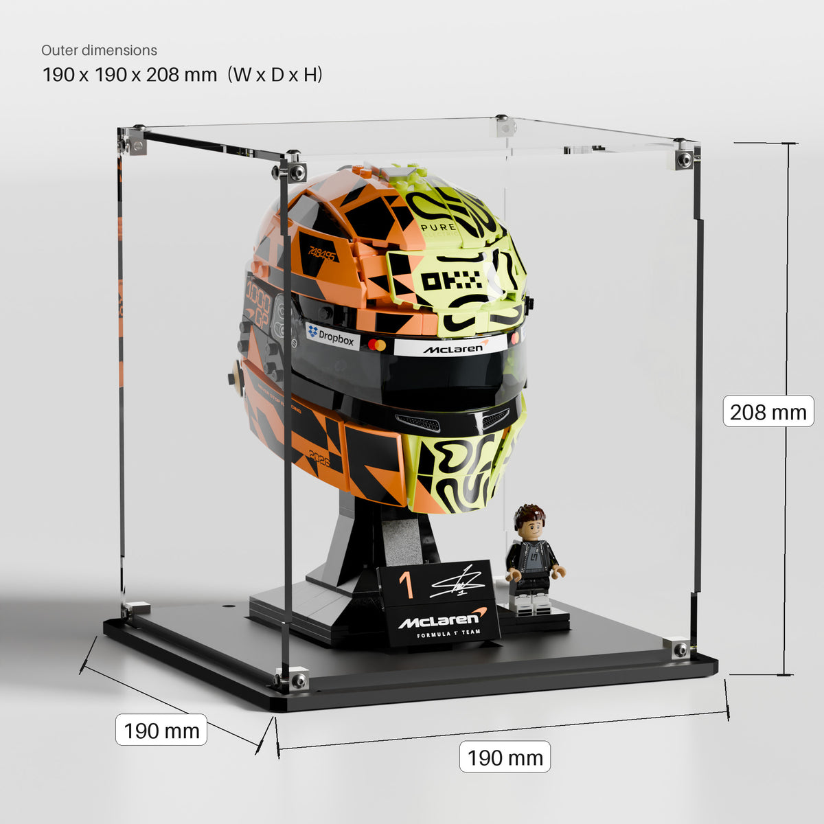 LEGO display case for Lando Norris Helmet 43023 dimensions — 190 x 190 x 208 mm premium UV-protected acrylic