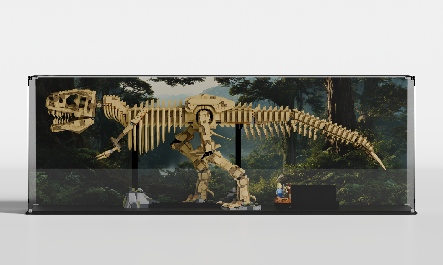 LEGO display case for Jurassic World T-Rex Fossils 76968 — premium UV-protected acrylic with custom background