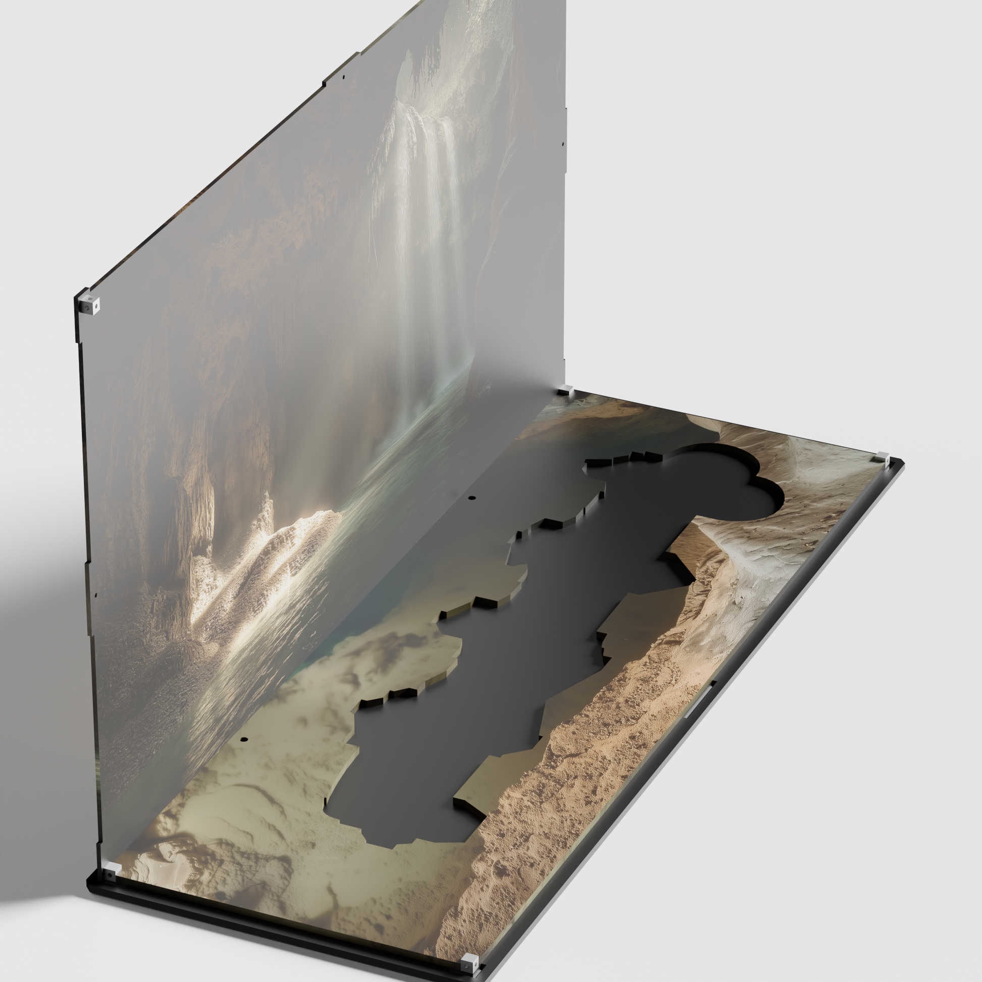 Side angle acrylic LEGO display case display box showcase for The Goonies 21363 showing cave floor baseplate