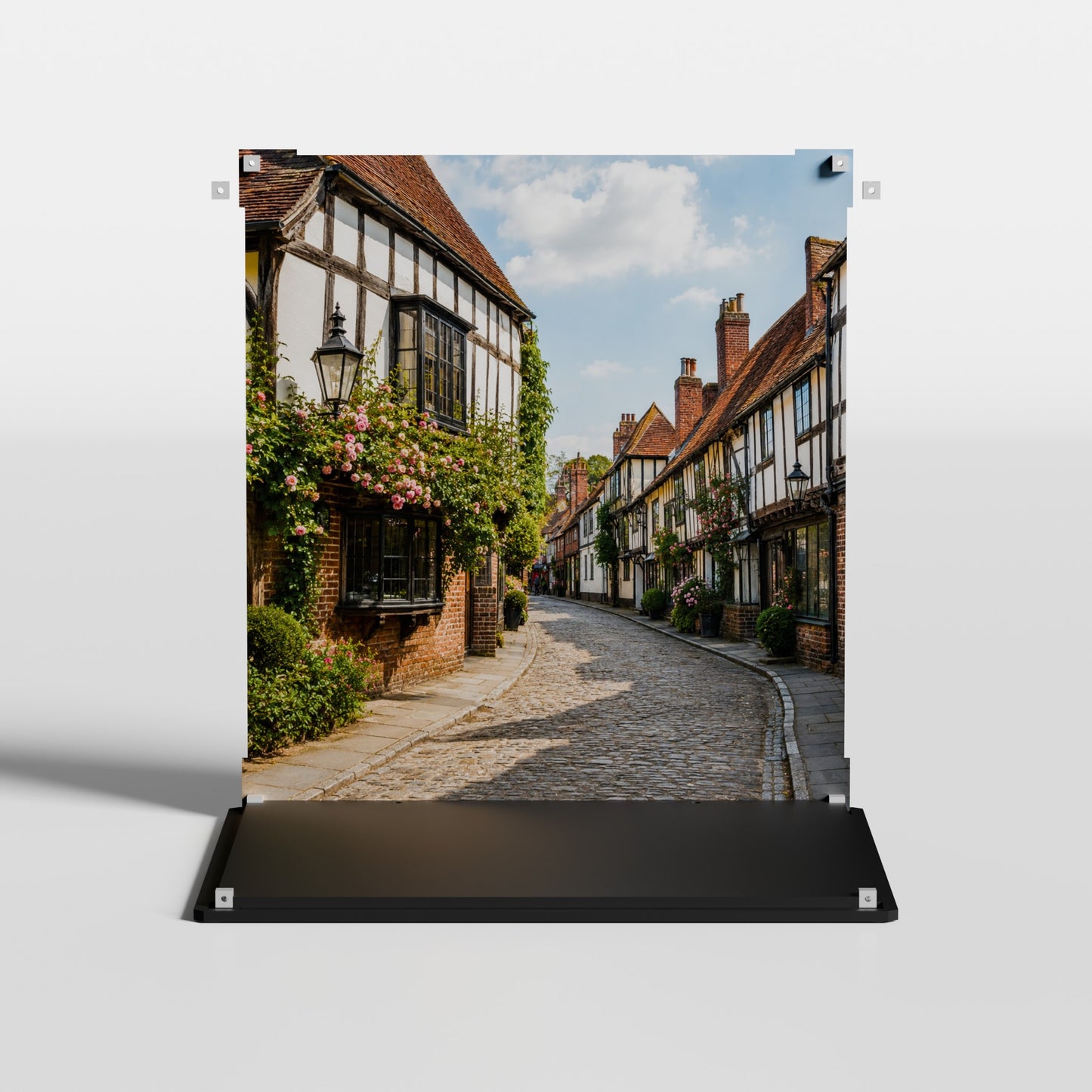 Street background for the LEGO Tudor Corner 10350 display case, shown in the empty acrylic case — premium UV-filter acrylic