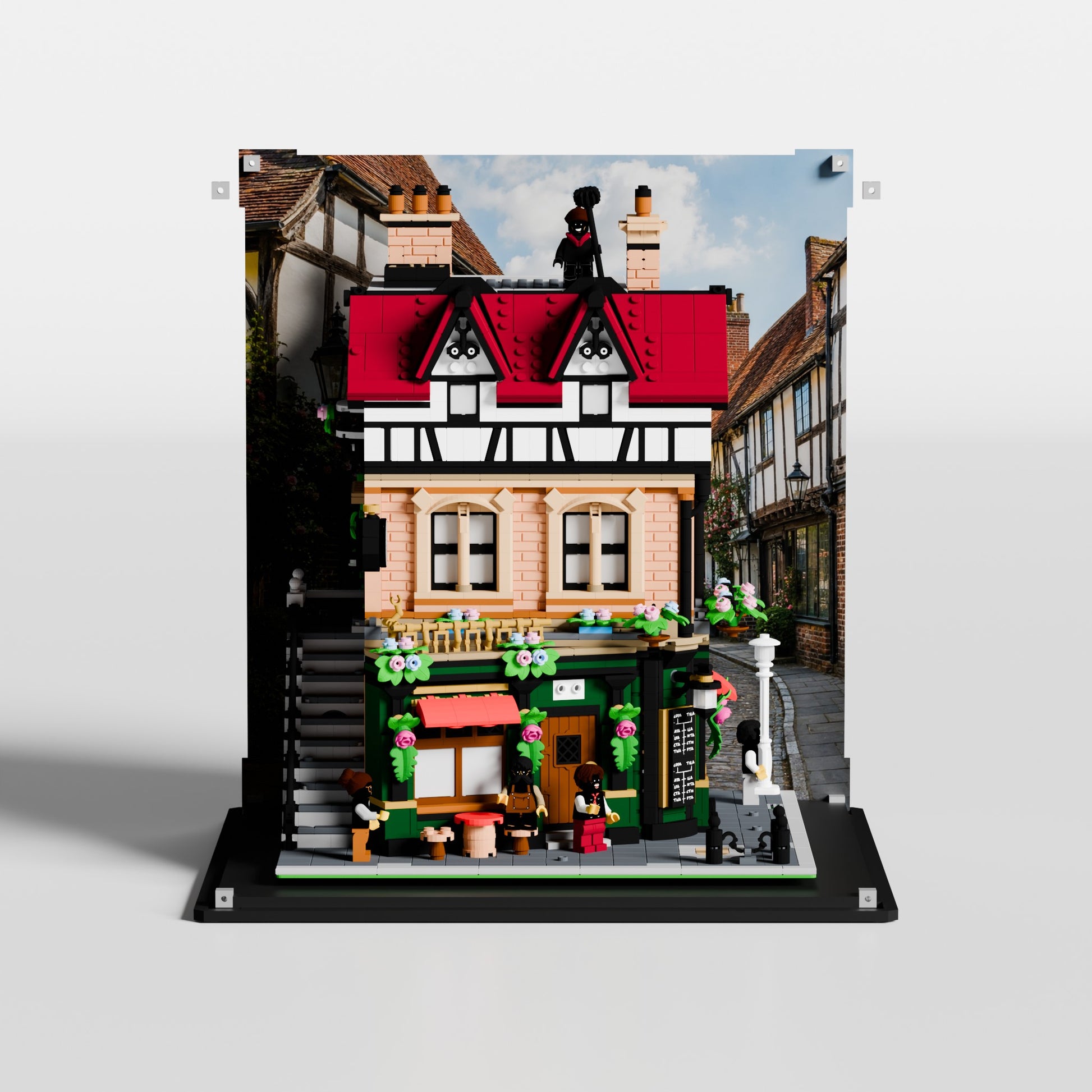 LEGO Tudor Corner display case with Street background — premium UV-protected acrylic, custom-fit for set 10350