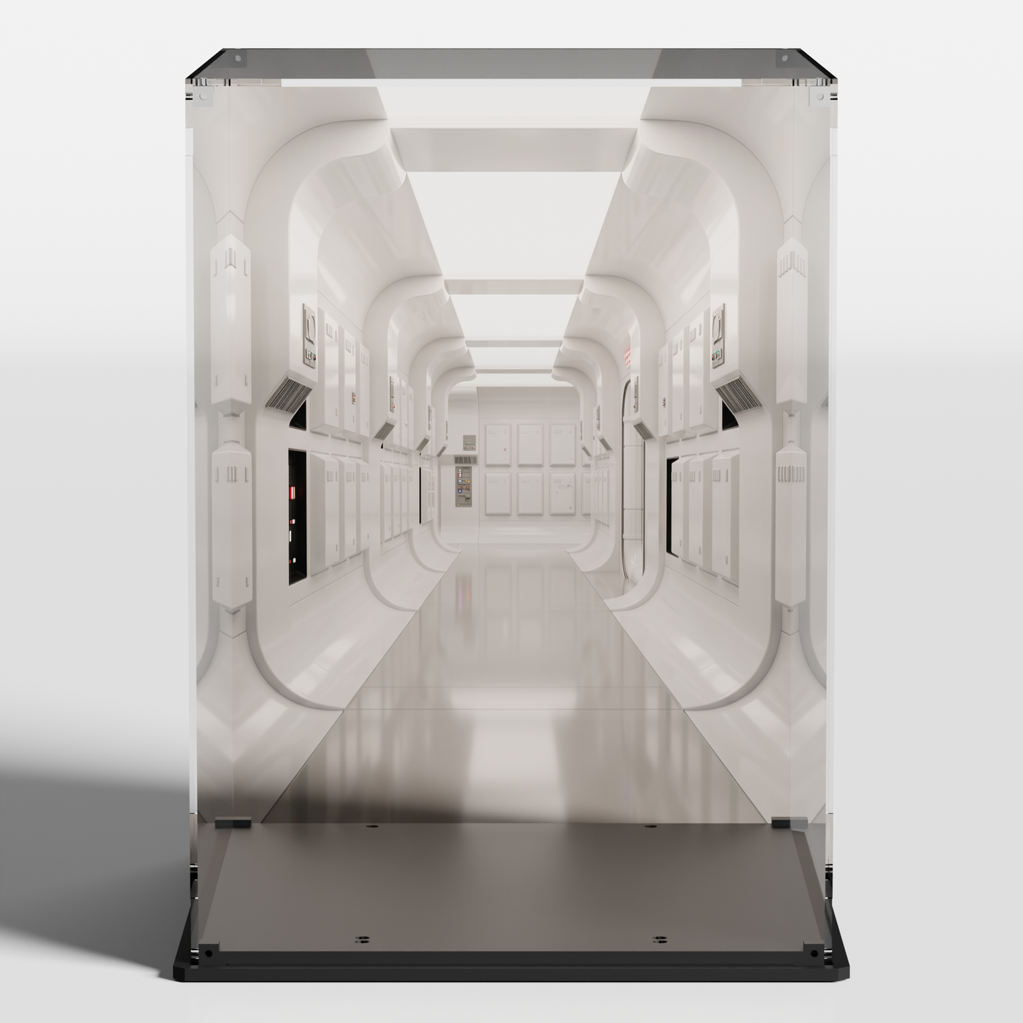 premium acrylic lego display case for r2-d2 75308 with printed tantive iv corridor