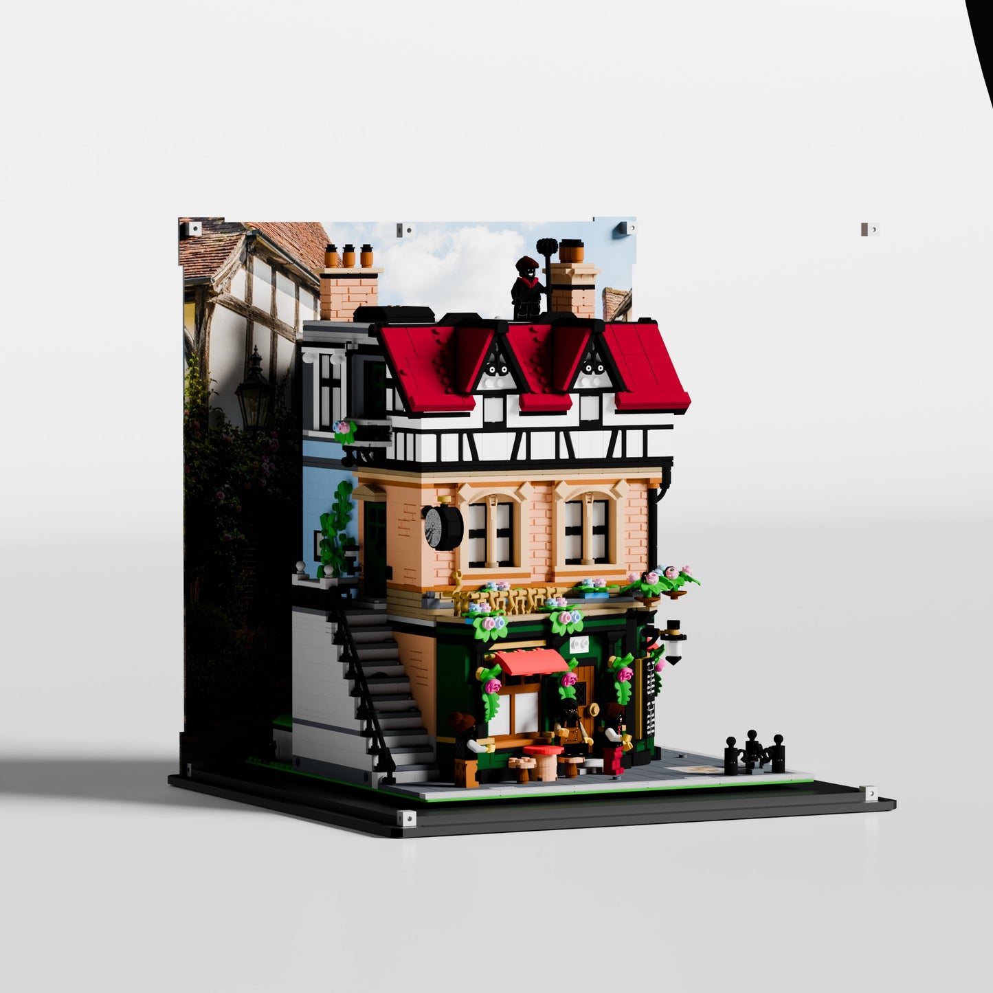 LEGO Tudor Corner (10350) showcase at a 3/4 angle with Street background — custom-fit premium UV-protected acrylic