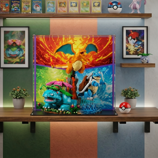 LEGO display case for Venusaur, Charizard and Blastoise 72153 — premium UV-protected acrylic with Elements background
