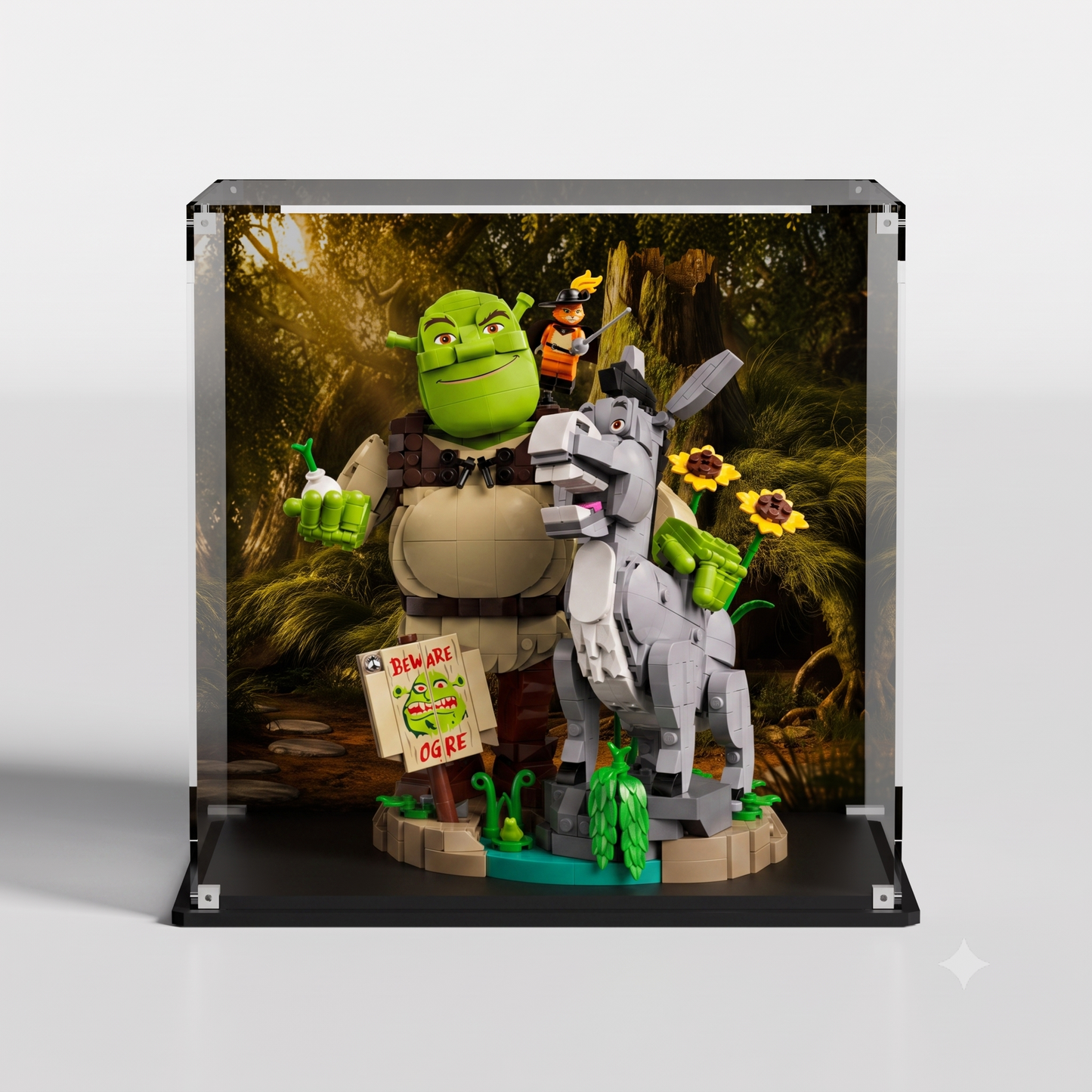 LEGO display case for Shrek, Donkey & Puss in Boots 72423 — premium UV-protected acrylic with Swamp Home background