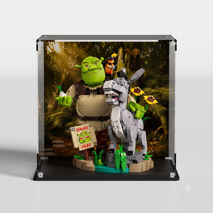 LEGO display case for Shrek, Donkey & Puss in Boots 72423 — premium UV-protected acrylic with Swamp Home background