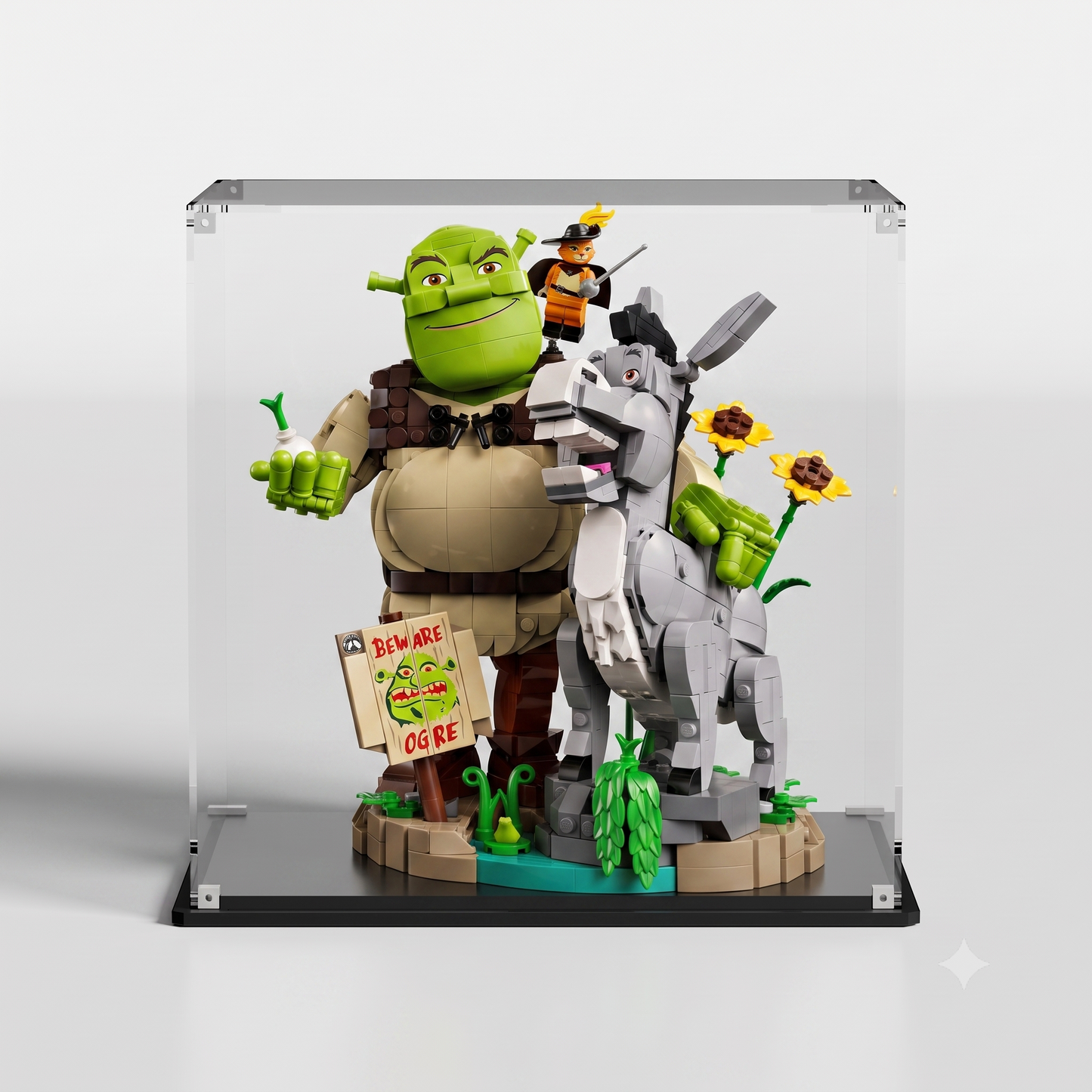 Premium UV-protected LEGO display box for Shrek, Donkey & Puss in Boots 72423 with transparent background — EU-made