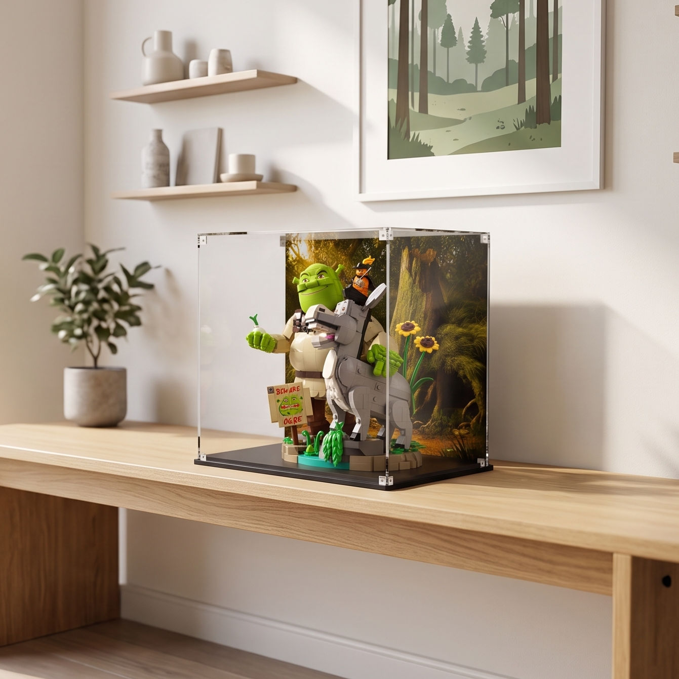 LEGO Shrek, Donkey & Puss in Boots showcase — dustproof premium UV-filter acrylic display case, made in Europe