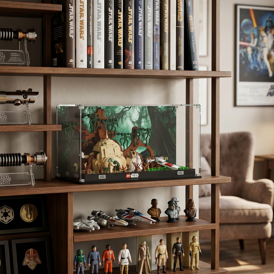 LEGO display case for Dagobah Jedi Training Diorama 75330 — premium UV-protected acrylic with Dagobah background