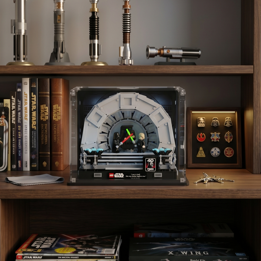 LEGO display case for Emperor's Throne Room Diorama 75352 — premium UV-protected acrylic with Throne Room background