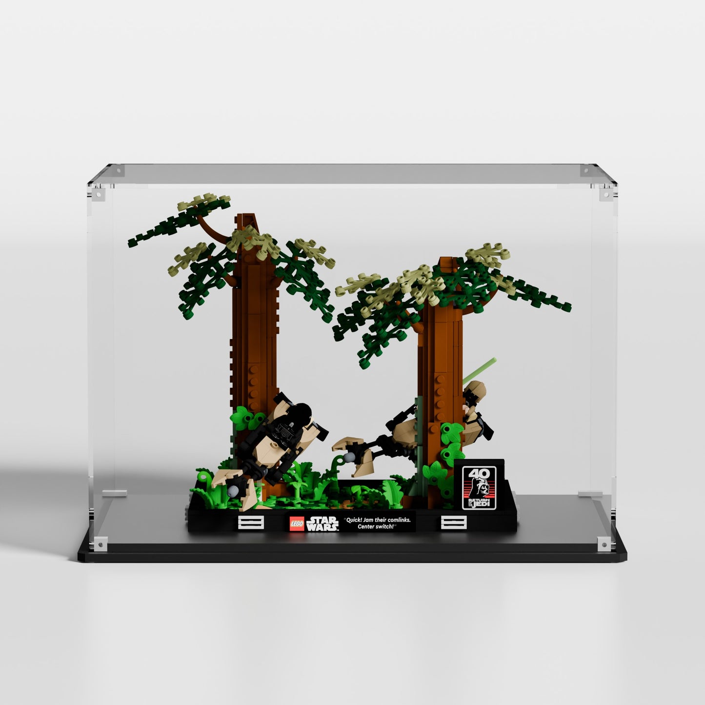 Premium UV-protected LEGO display box for Endor Speeder Chase Diorama 75353 with transparent background — EU-made