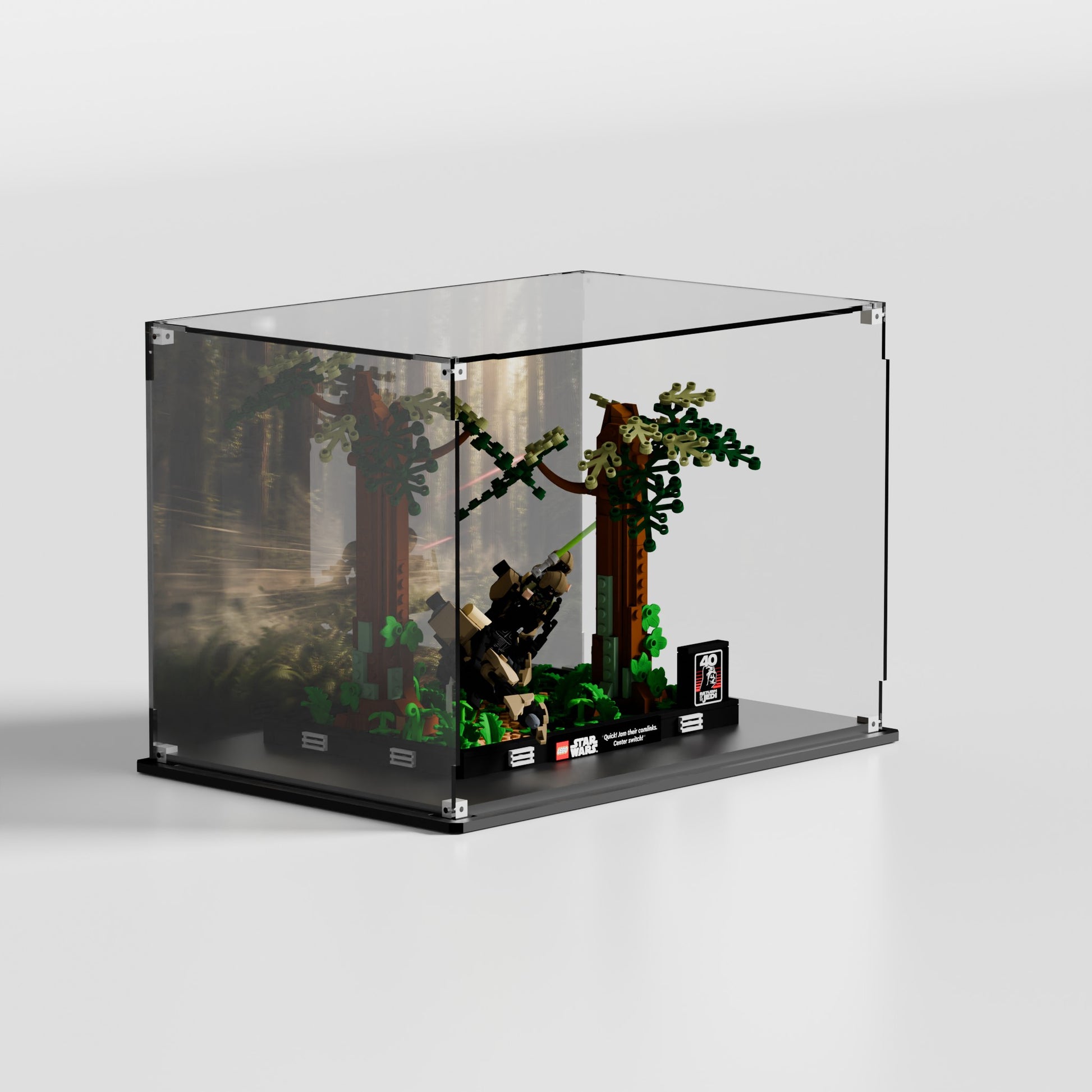 LEGO Endor Speeder Chase Diorama showcase — dustproof premium UV-filter acrylic display case, made in Europe