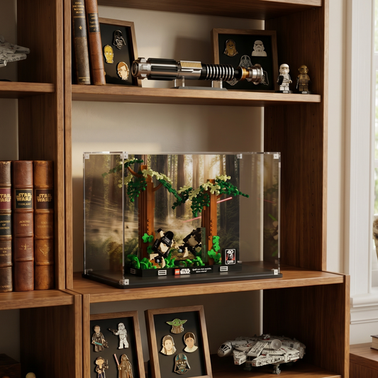 LEGO display case for Endor Speeder Chase Diorama 75353 — premium UV-protected acrylic with Endor forest background