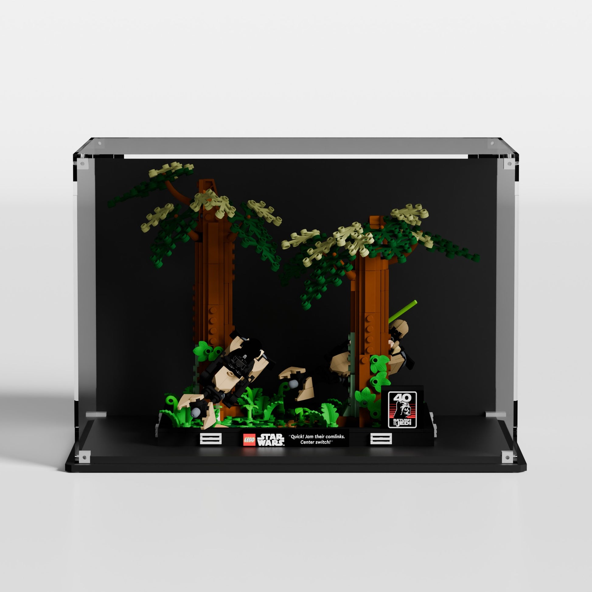 Glossy black acrylic base for LEGO Endor Speeder Chase Diorama 75353 display case — premium UV-protected, EU-made