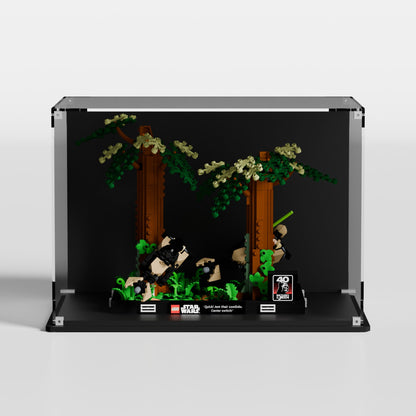Glossy black acrylic base for LEGO Endor Speeder Chase Diorama 75353 display case — premium UV-protected, EU-made