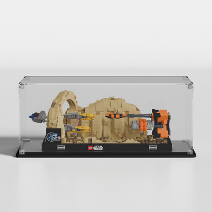 Premium UV-protected LEGO display box for Mos Espa Podrace Diorama 75380 with transparent background — EU-made