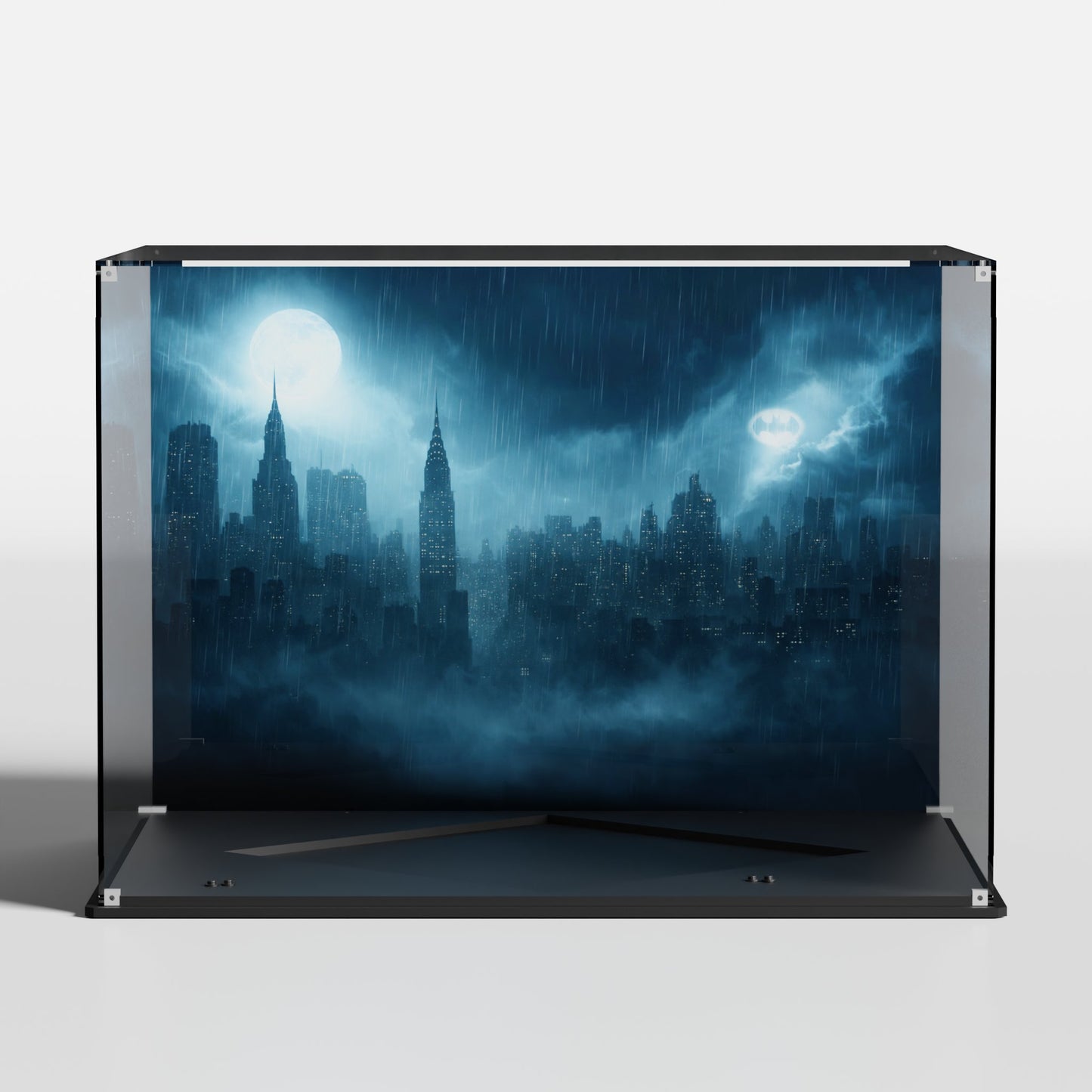 Custom Gotham Night background for LEGO Arkham Asylum 76300 display case — premium UV-filter acrylic