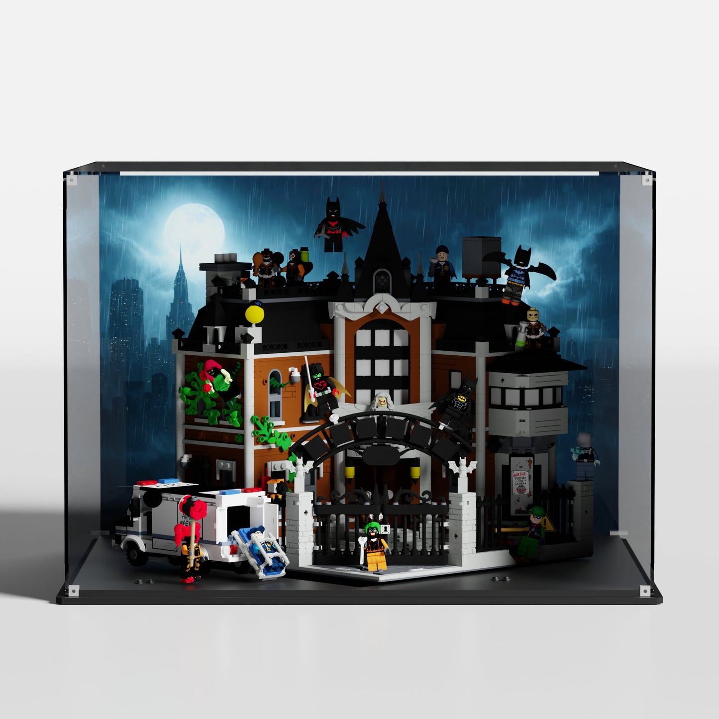 LEGO DC Batman Arkham Asylum (76300) in premium UV-protected acrylic display case — made in Europe