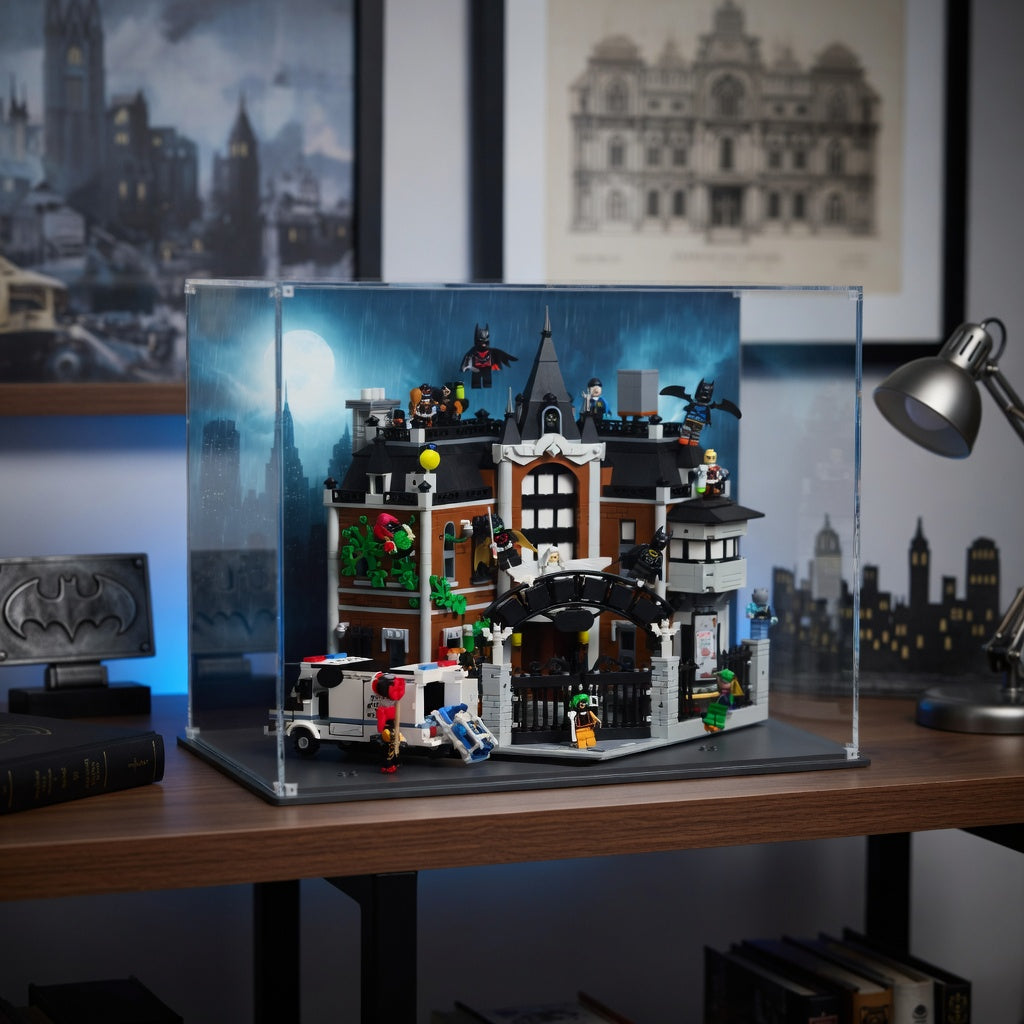 LEGO display case for Arkham Asylum 76300 — premium UV-protected acrylic with Gotham Night background