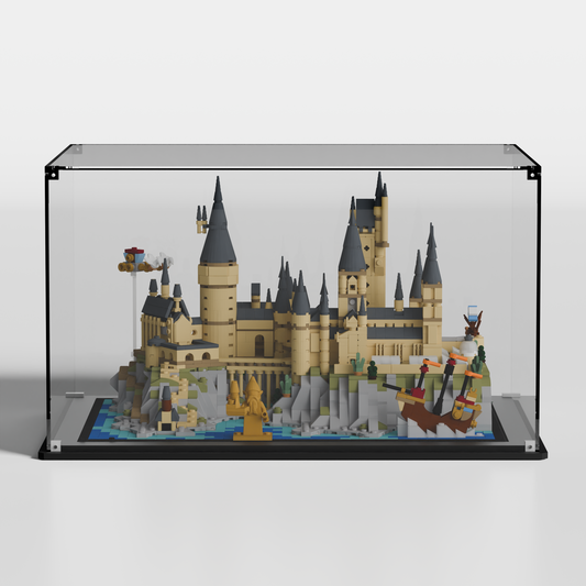 Front view of LEGO® Hogwarts Castle & Grounds 76419 in a premium acrylic display case