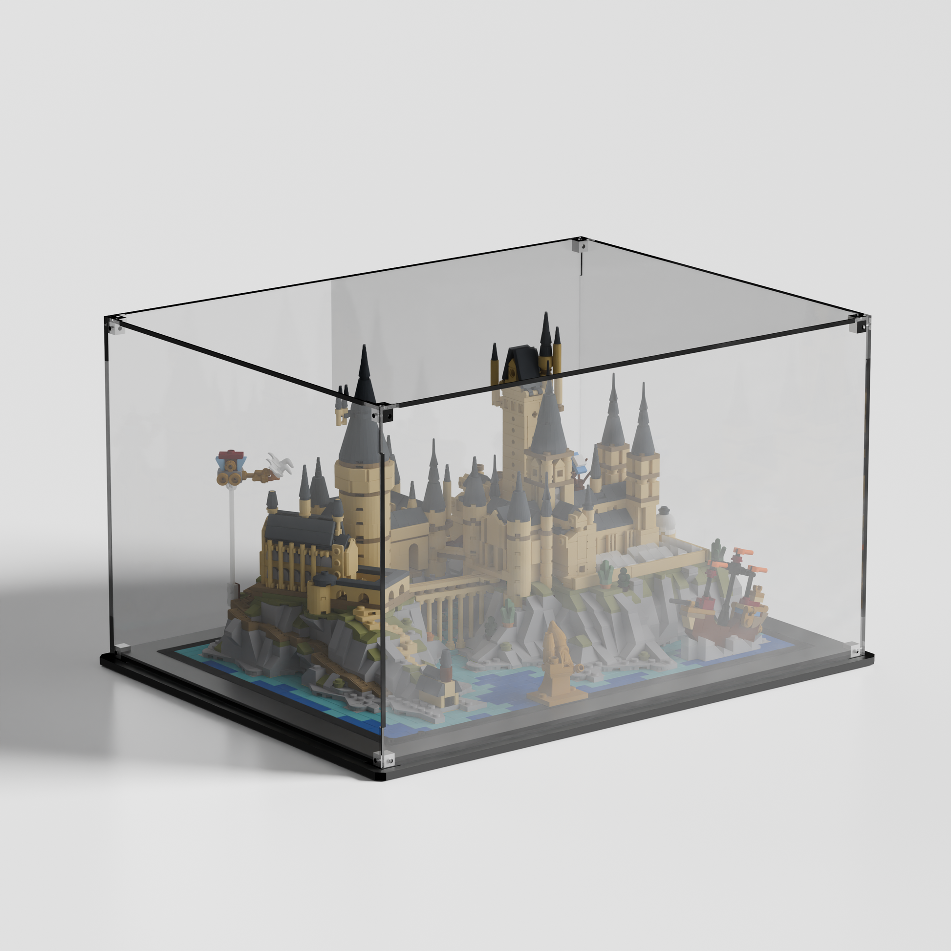 Side angle highlighting Chamber of Secrets detail inside dustproof lego display case
