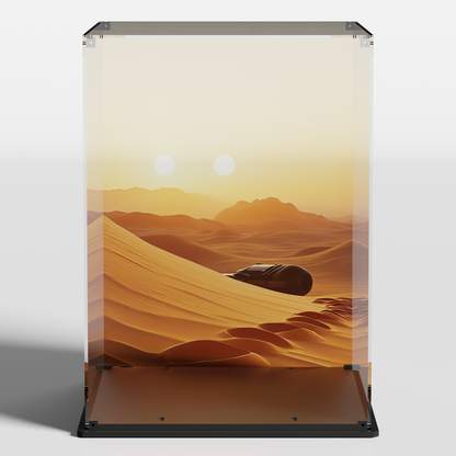 premium UVprotected acrylic lego display case for r2-d2 75308 with printed tatooine background made in europe