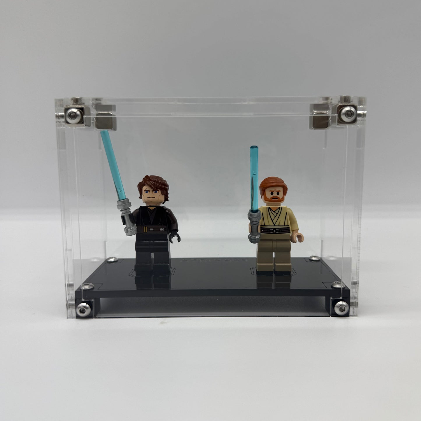 Front view of dual LEGO® minifigure display case made from premium acrylic UV-Protected
