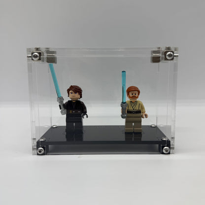 Front view of dual LEGO® minifigure display case made from premium acrylic UV-Protected