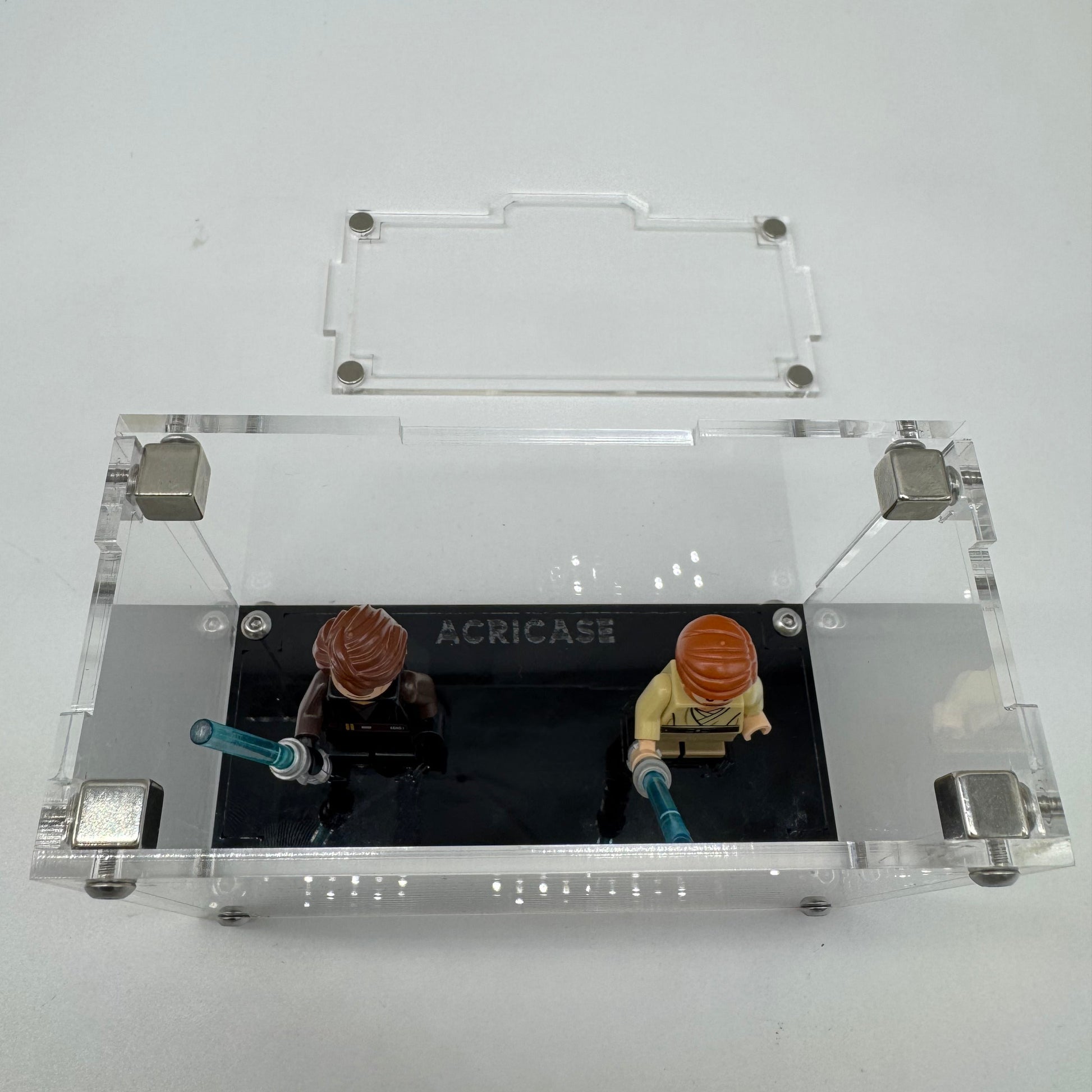 Top angle highlighting UV-protected acrylic LEGO Display case of dual minifigure display case