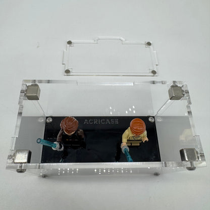 Top angle highlighting UV-protected acrylic LEGO Display case of dual minifigure display case