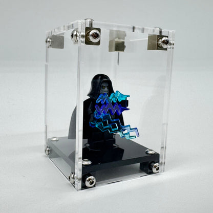 Side view of a custom LEGO® minifigure display case showcasing a chosen minifigure