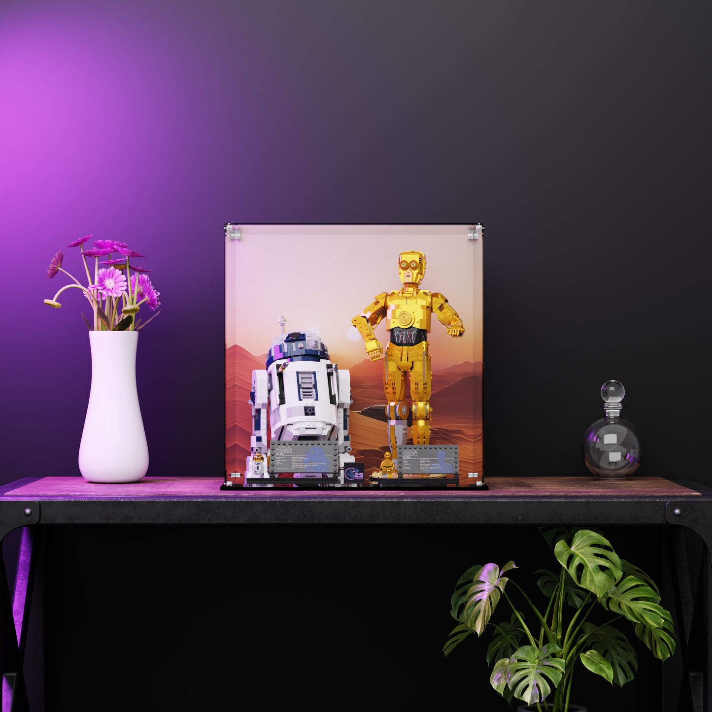 LEGO display case featuring C-3PO (75398) and R2-D2 (75379) with a Tatooine desert