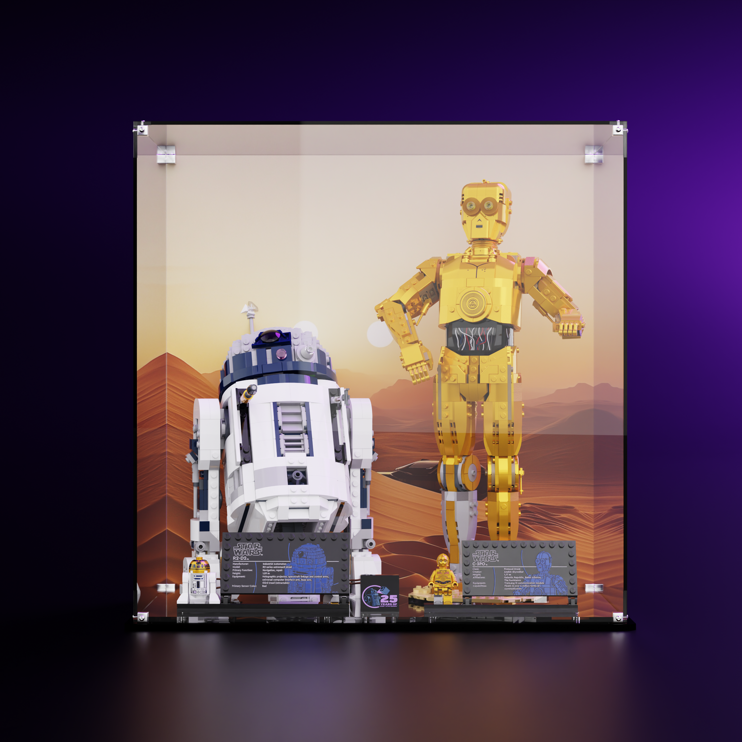 LEGO display case featuring C-3PO (75398) and R2-D2 (75379) with a Tatooine desert background