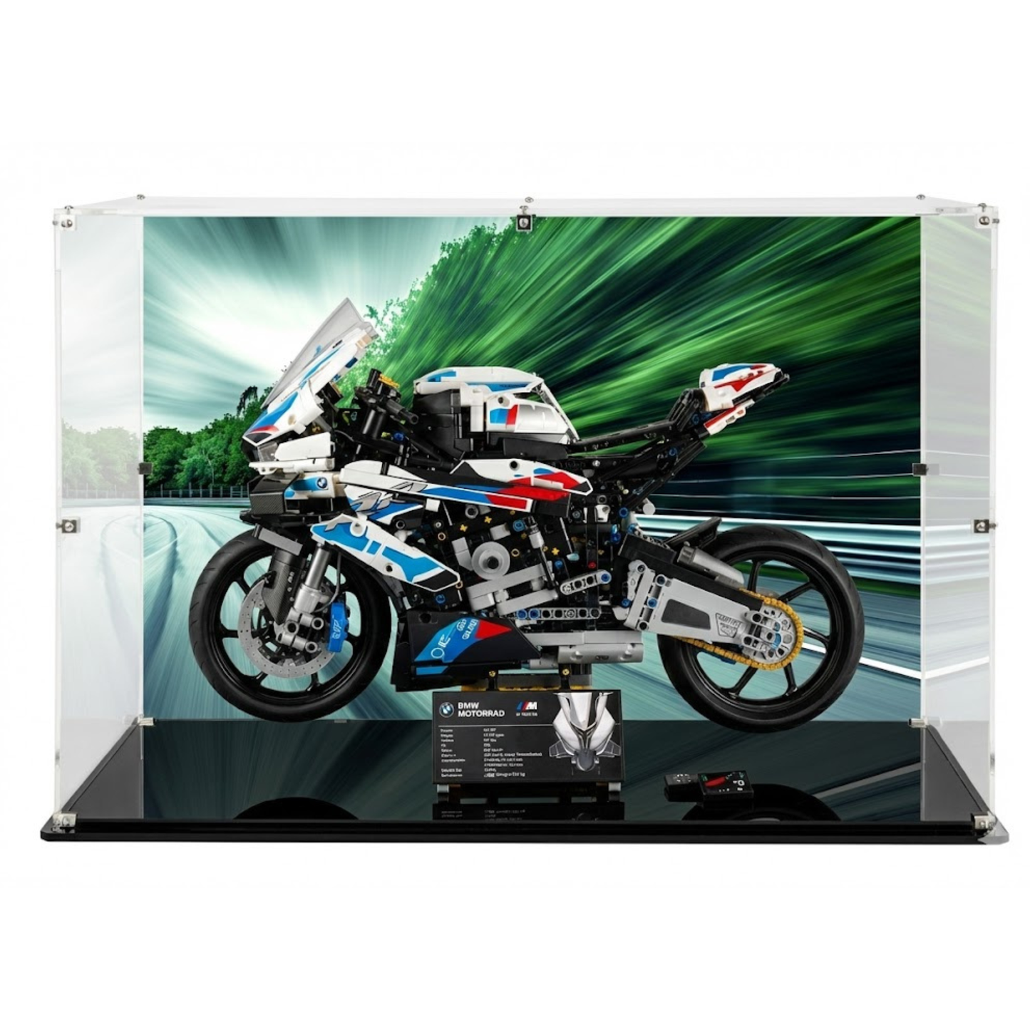 lego display case UV PROTECTED for lego technic bmw m 1000 rr 42130 with background, Made in Europe