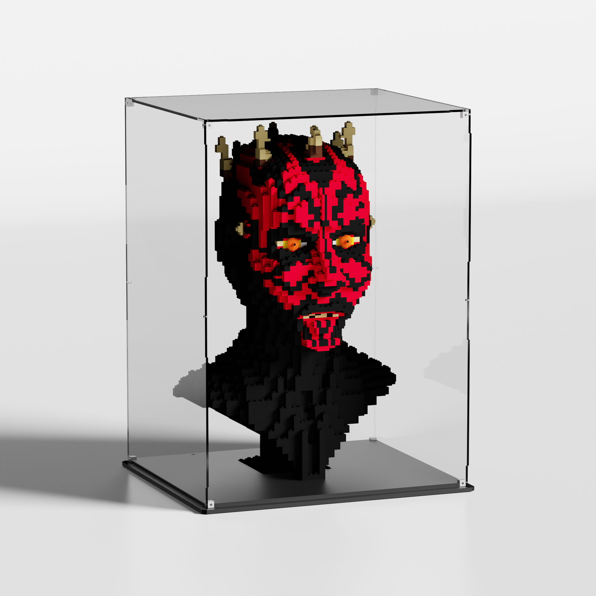 angled view of premium acrylic LEGO display case for Darth Maul 10018