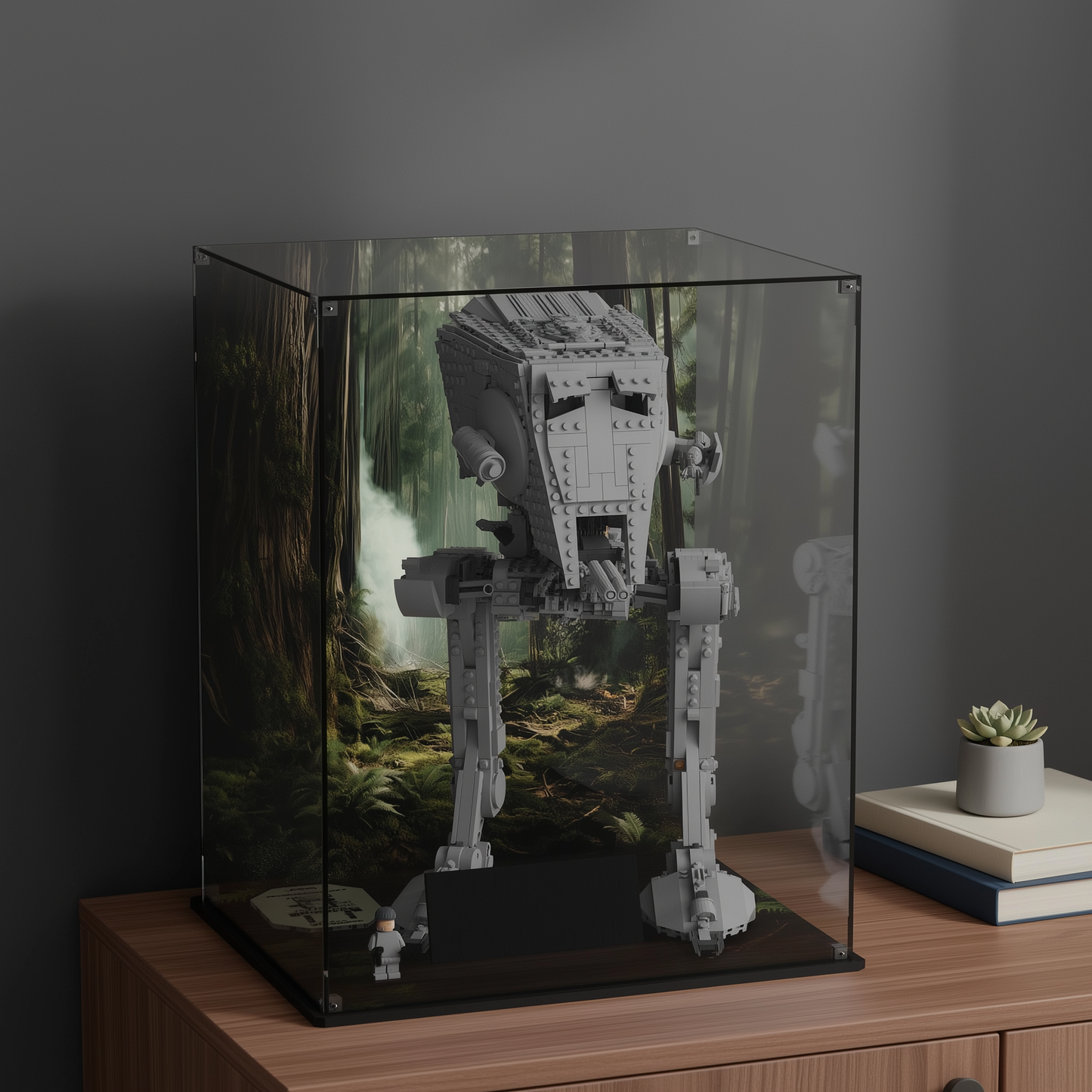 LEGO Star Wars UCS AT-ST Walker 75417 inside premium LEGO display case with Endor forest background