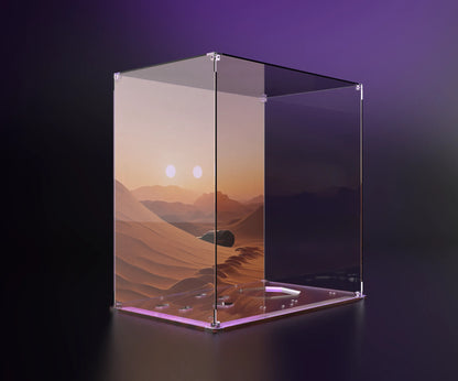 LEGO display case featuring C-3PO (75398) and R2-D2 (75379) with a Tatooine desert background side