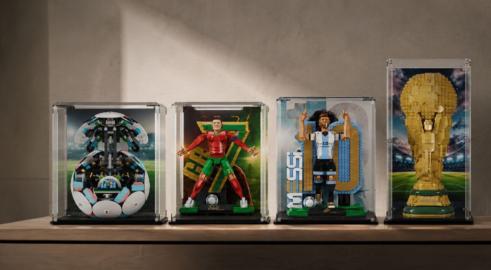 LEGO Editions FIFA World Cup Trophy and player display cases in a modern living room setup — AcriCase acrylic display cases with 26% World Cup discount
