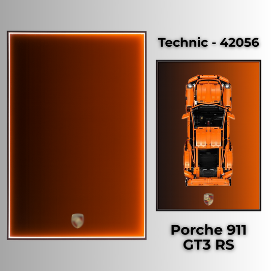 LEGO wall mount display case for Technic 42056 Porsche 911 GT3 RS with UV-protected acrylic and optional LED lights
